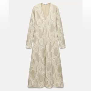 Zara Beige Leaf Pattern Long Sleeve Dress